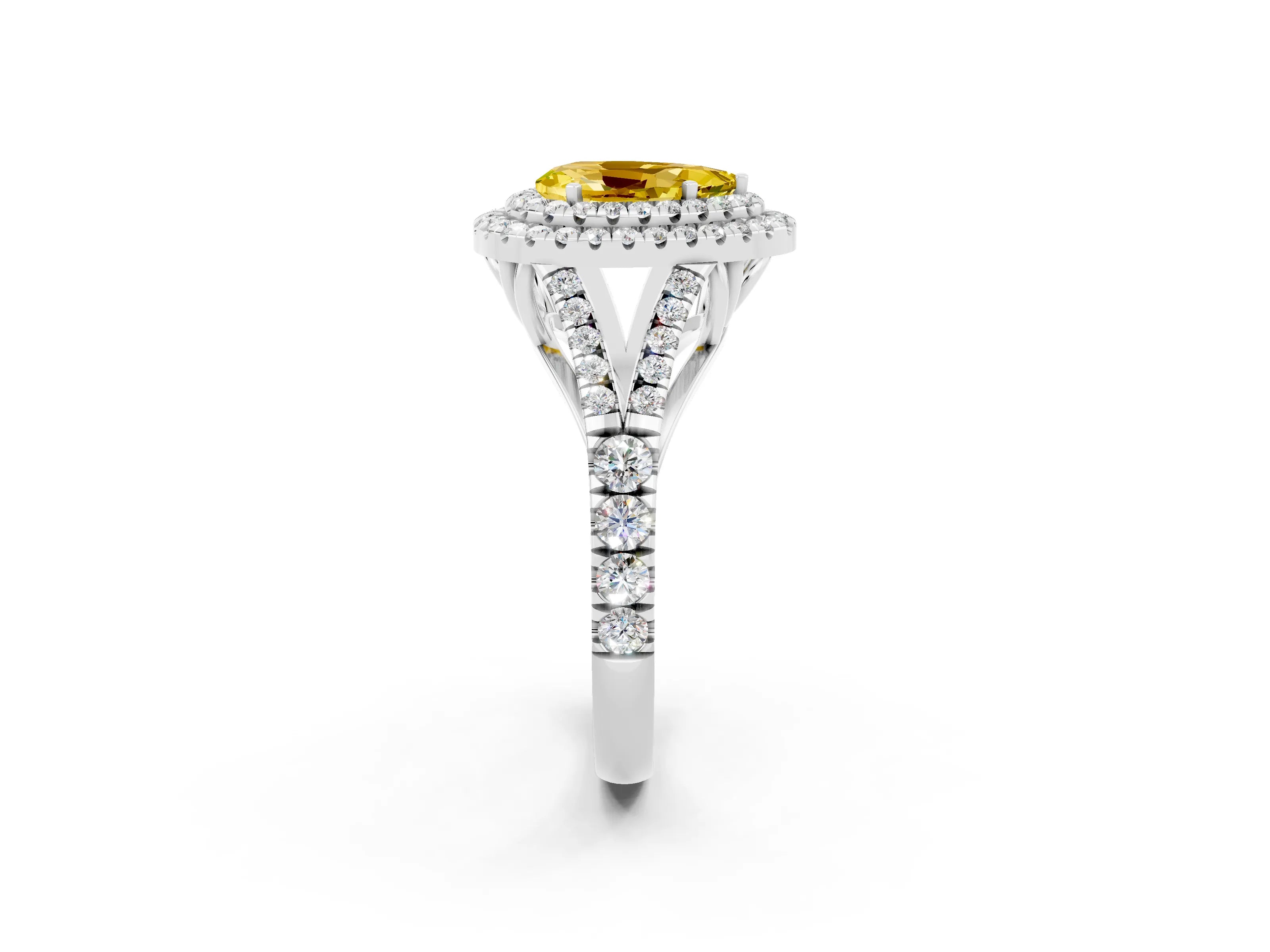 White gold Double Halo Pear Cut Yellow Sapphire Split Shank Engagement Ring with Four-Prong Setting_2