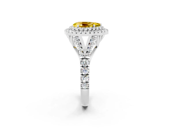 Silver Double Halo Pear Cut Yellow Sapphire Split Shank Engagement Ring with Four-Prong Setting