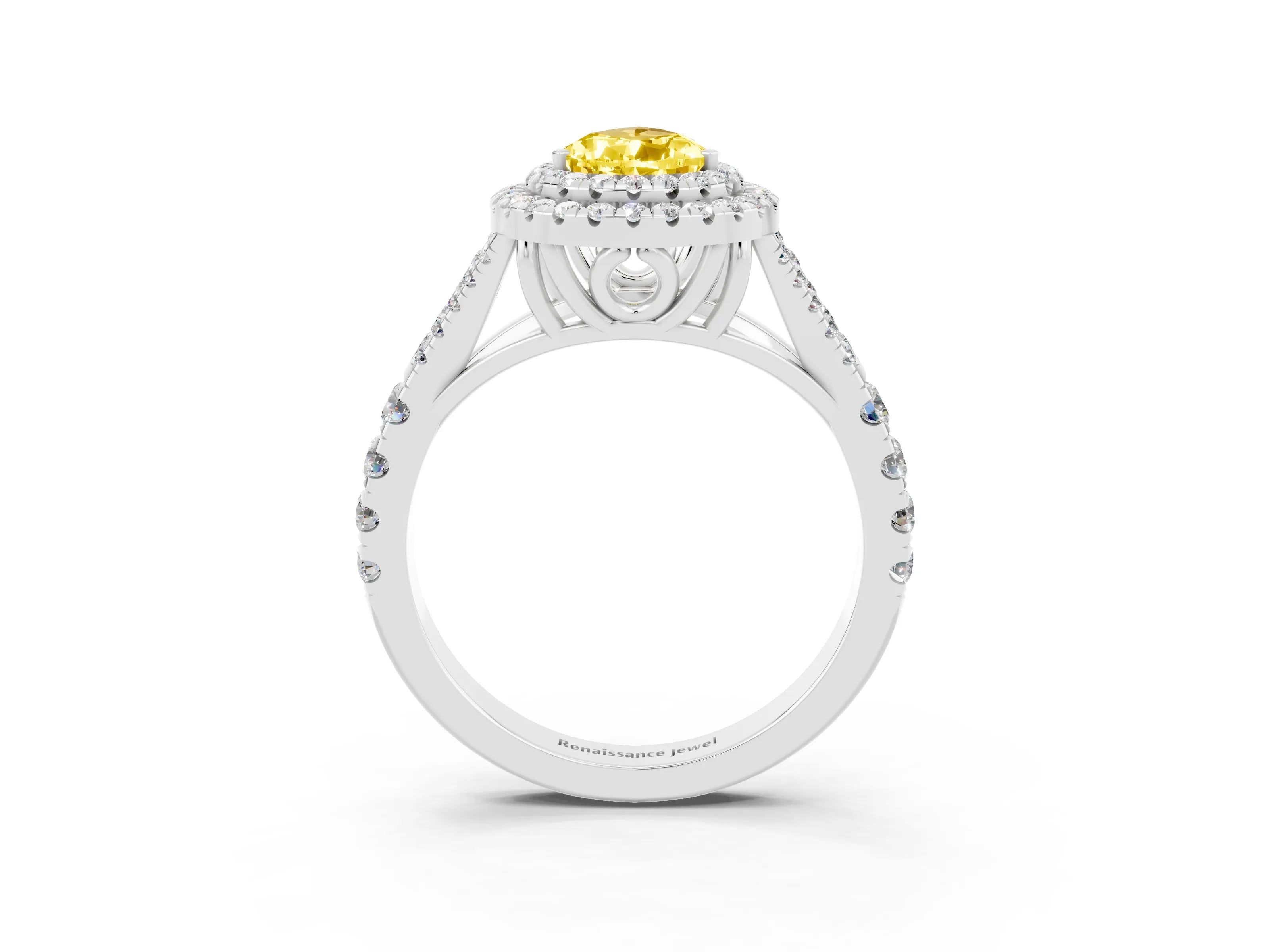 White gold Double Halo Pear Cut Yellow Sapphire Split Shank Engagement Ring with Four-Prong Setting_3