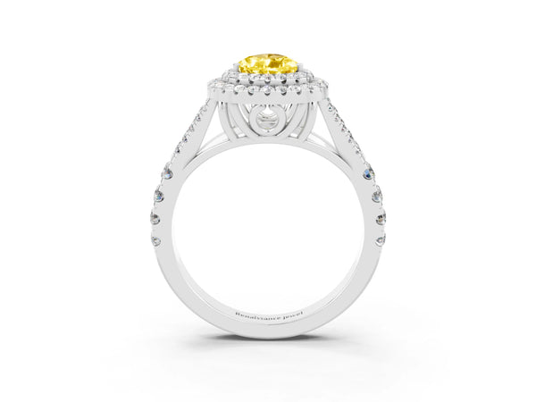 Silver Double Halo Pear Cut Yellow Sapphire Split Shank Engagement Ring with Four-Prong Setting