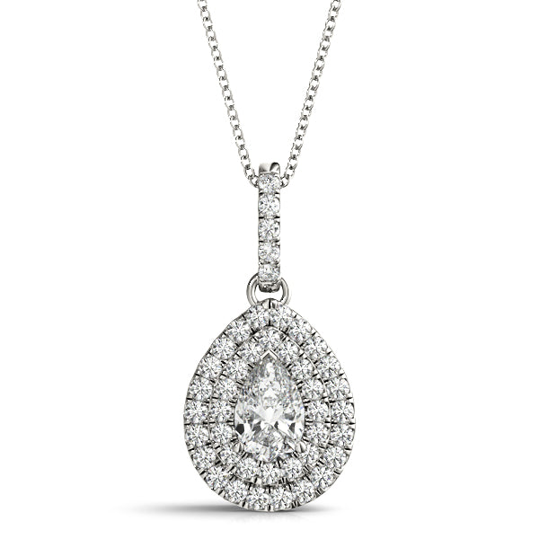 White gold Double Halo Pear Diamond Pendant with Pavé Setting