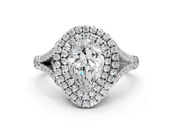 White gold Pear Cut Diamond Double Halo Ring with Split Shank and Prong Setting