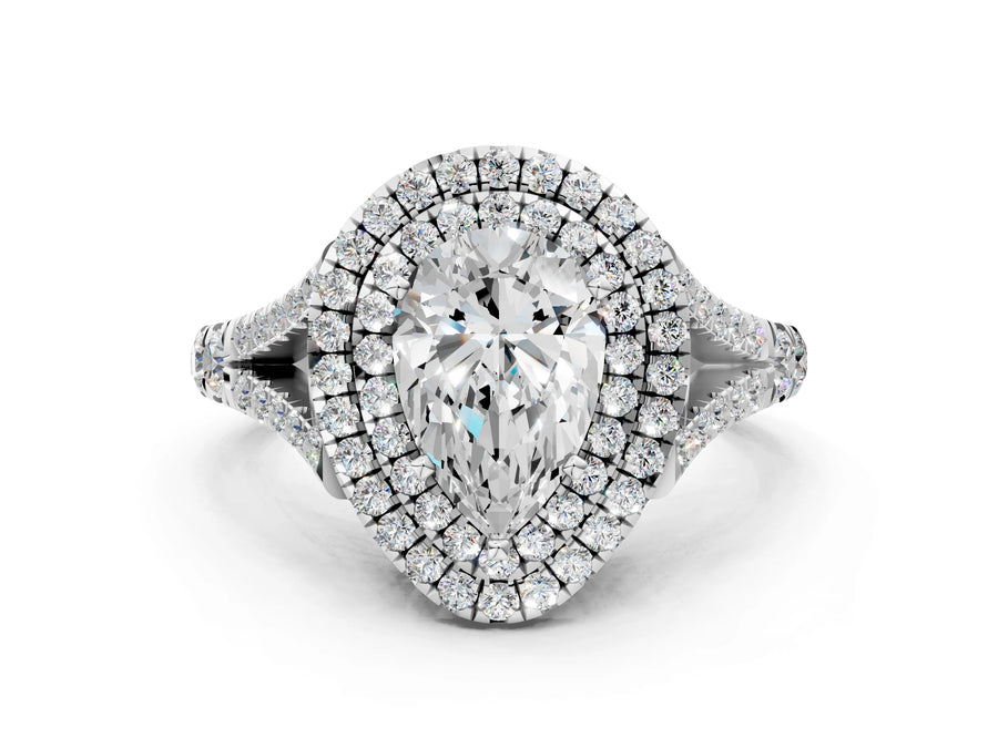 White gold Pear Cut Diamond Double Halo Ring with Split Shank and Prong Setting