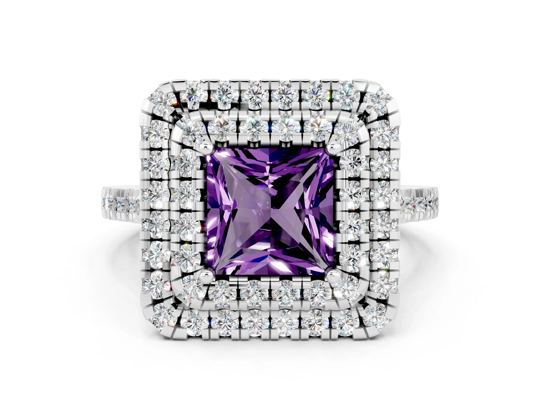 White gold Double Halo Princess Cut Amethyst Pavé Band with Four-Prong Setting