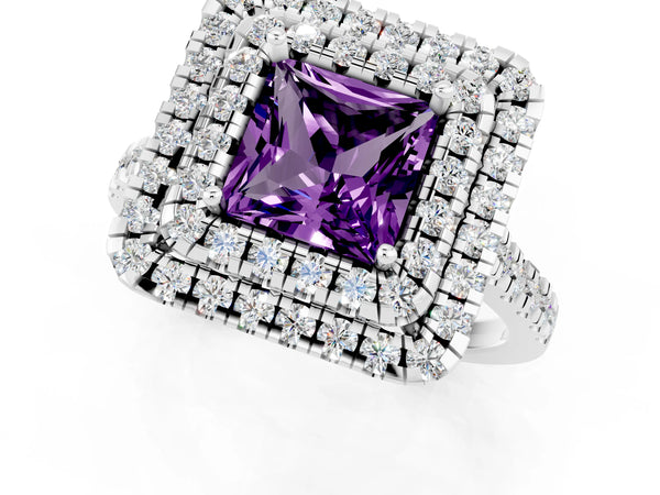 Platinum Double Halo Princess Cut Amethyst Pavé Band with Four-Prong Setting