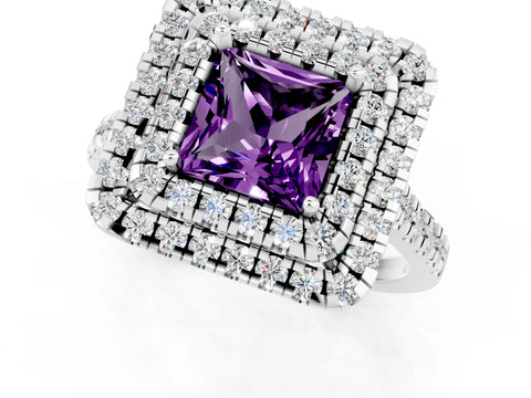 White gold Double Halo Princess Cut Amethyst Pavé Band with Four-Prong Setting_1