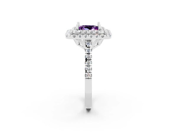 White gold Double Halo Princess Cut Amethyst Pavé Band with Four-Prong Setting