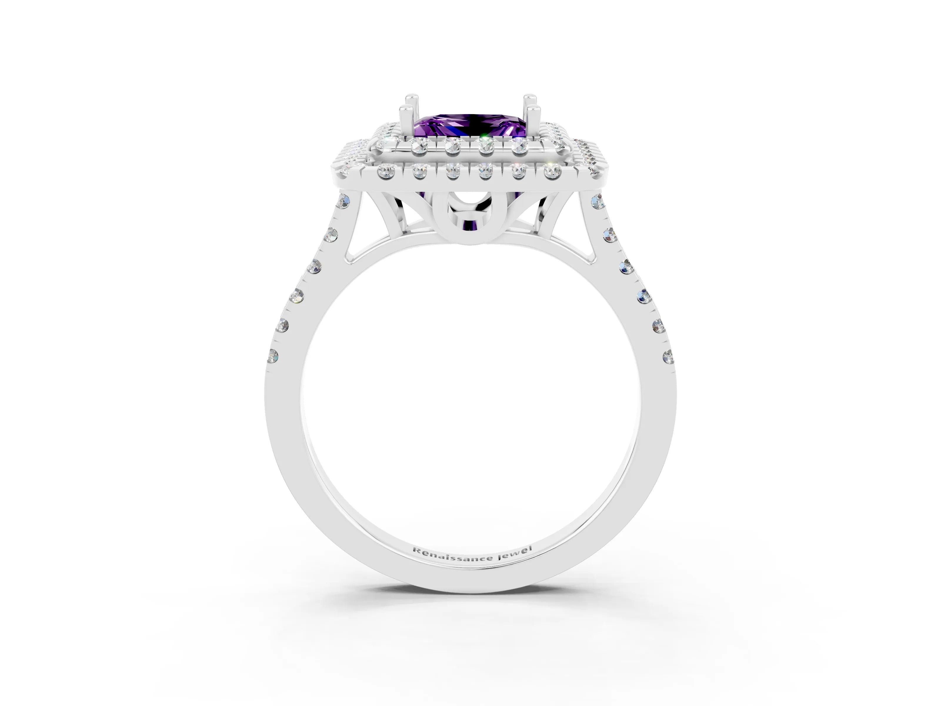 White gold Double Halo Princess Cut Amethyst Pavé Band with Four-Prong Setting_3