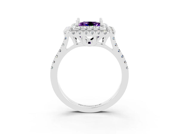 White gold Double Halo Princess Cut Amethyst Pavé Band with Four-Prong Setting