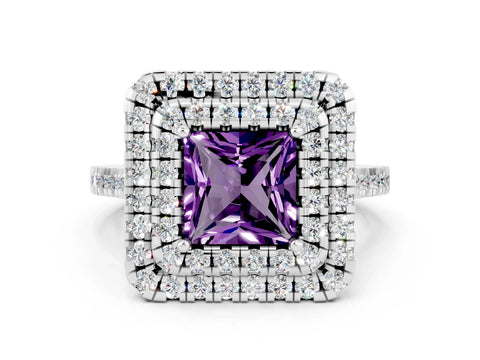 White gold Double Halo Princess Cut Amethyst Pavé Band with Four-Prong Setting