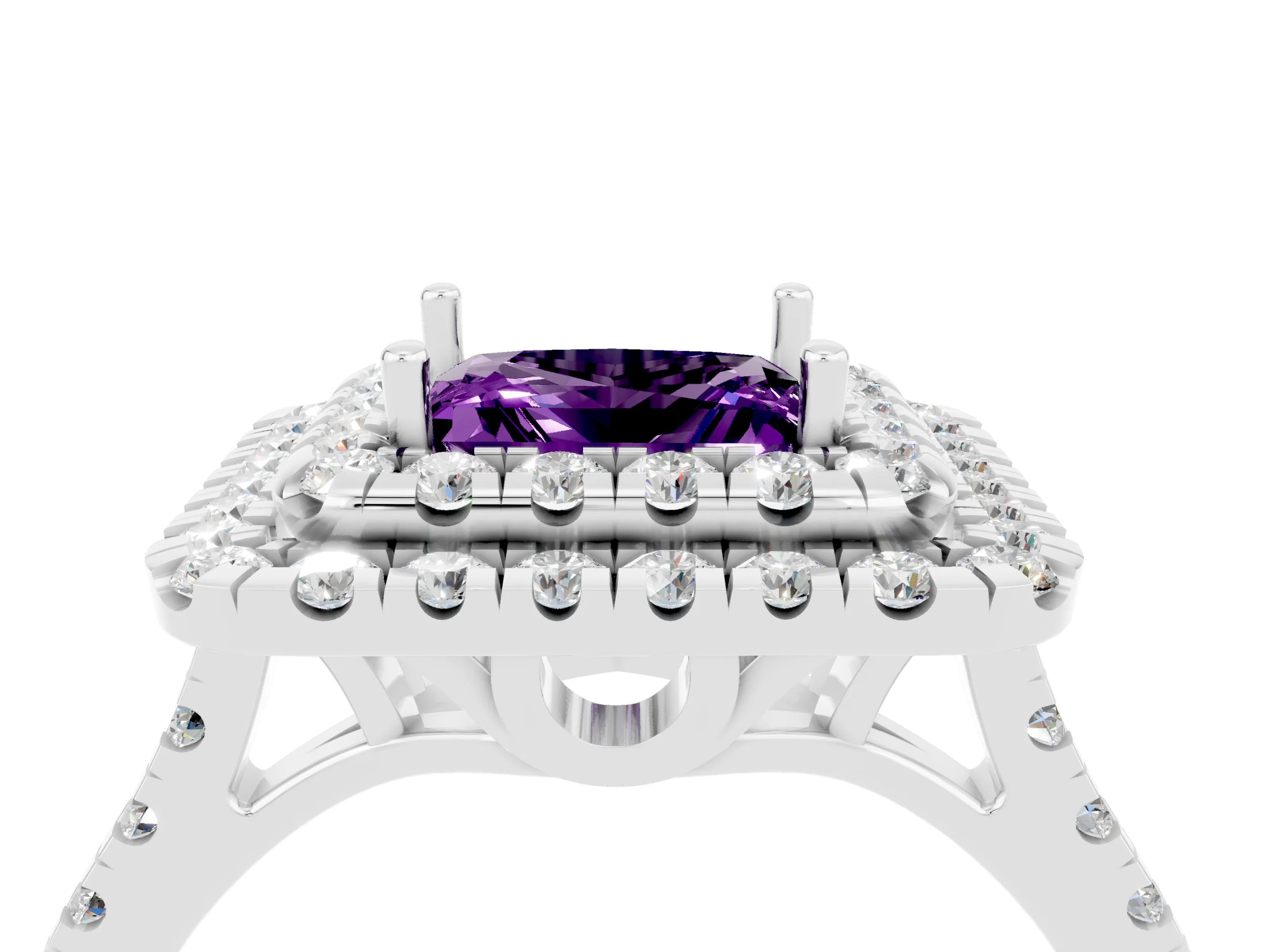White gold Double Halo Princess Cut Amethyst Pavé Band with Four-Prong Setting_4