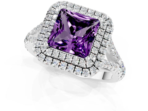 White gold Double Halo Princess Cut Amethyst Pavé Split Shank Ring with Prong Setting_1