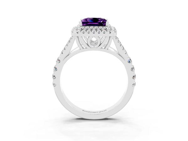 White gold Double Halo Princess Cut Amethyst Pavé Split Shank Ring with Prong Setting
