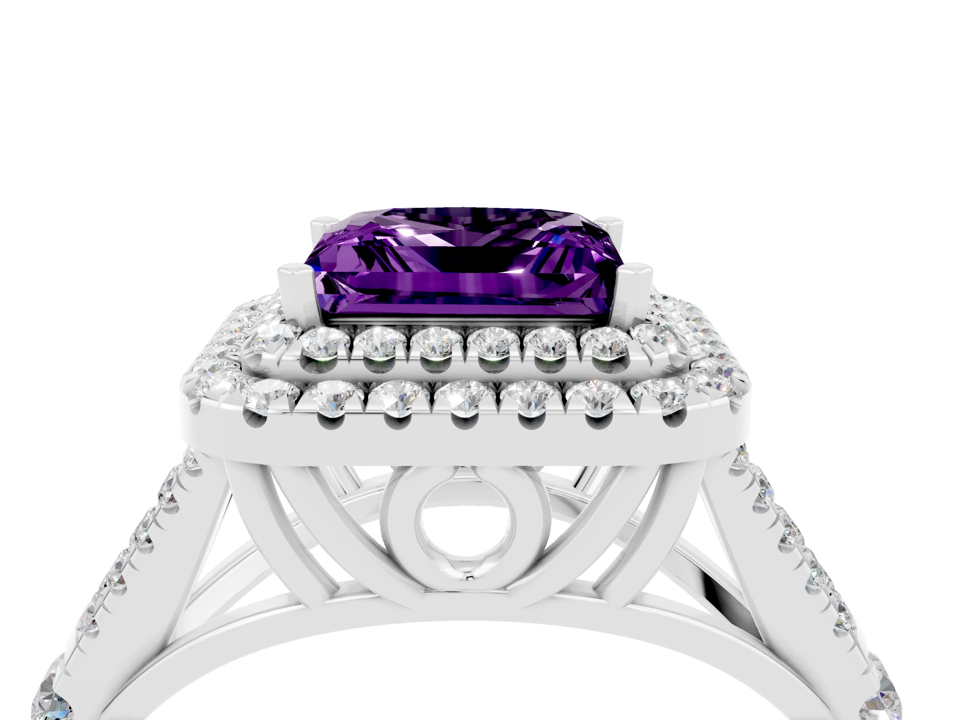 White gold Double Halo Princess Cut Amethyst Pavé Split Shank Ring with Prong Setting_4