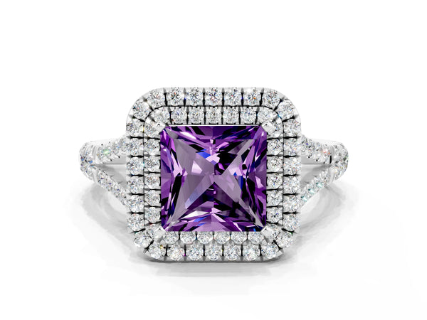 Silver Double Halo Princess Cut Amethyst Pavé Split Shank Ring with Prong Setting