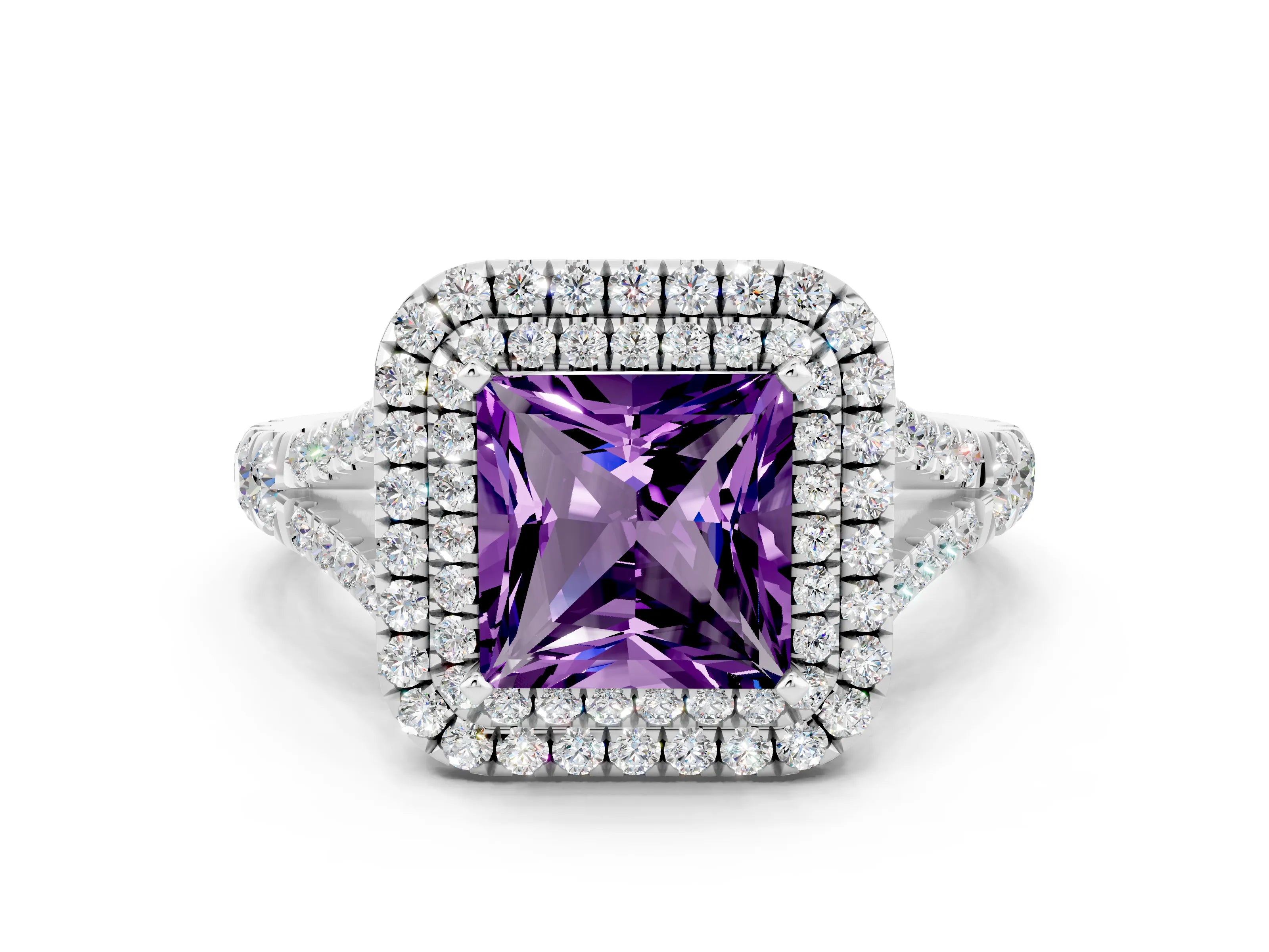 White gold Double Halo Princess Cut Amethyst Split Shank Engagement Ring with Four-Prong Setting