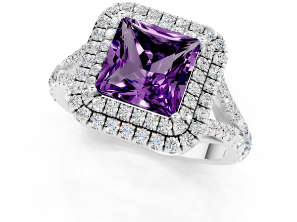 Platinum Double Halo Princess Cut Amethyst Split Shank Engagement Ring with Four-Prong Setting