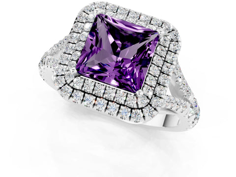 White gold Double Halo Princess Cut Amethyst Split Shank Engagement Ring with Four-Prong Setting_1