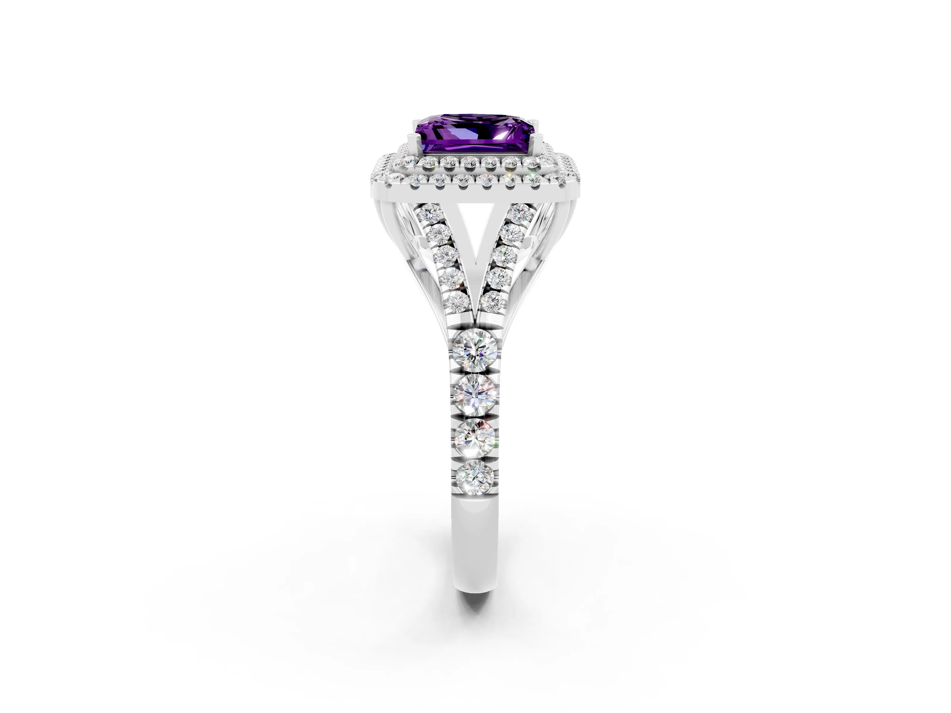 White gold Double Halo Princess Cut Amethyst Split Shank Engagement Ring with Four-Prong Setting_2