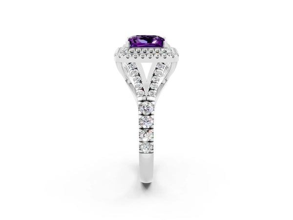 Platinum Double Halo Princess Cut Amethyst Split Shank Engagement Ring with Four-Prong Setting