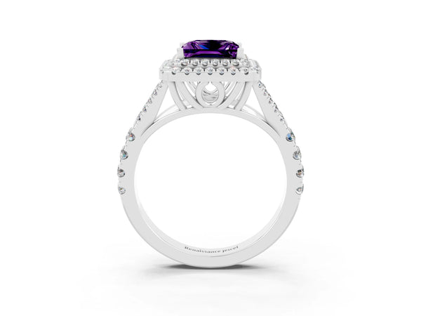 Silver Double Halo Princess Cut Amethyst Split Shank Engagement Ring with Four-Prong Setting