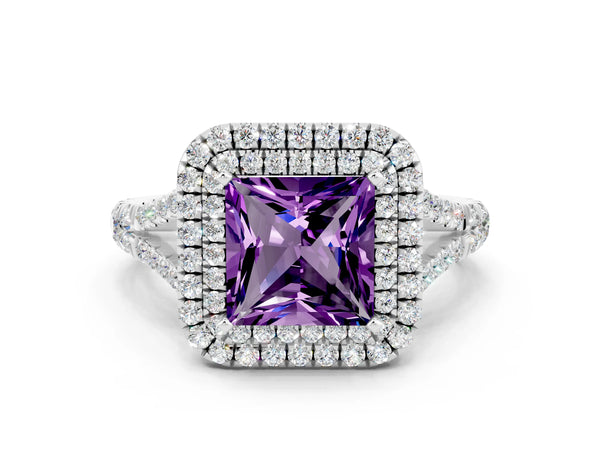 Silver Double Halo Princess Cut Amethyst Split Shank Engagement Ring with Four-Prong Setting