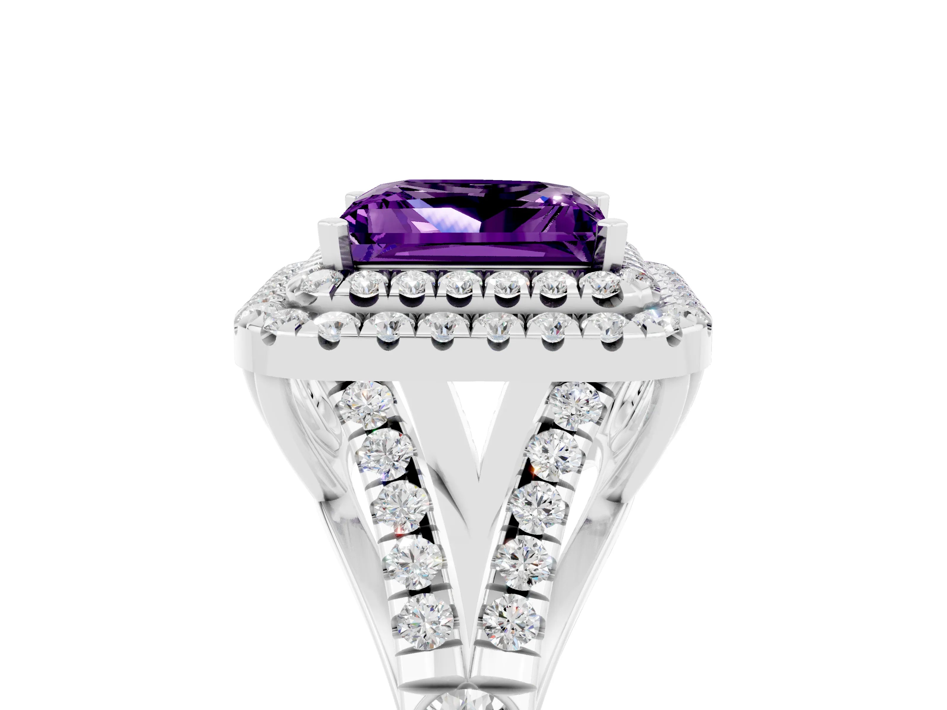 White gold Double Halo Princess Cut Amethyst Split Shank Engagement Ring with Four-Prong Setting_5