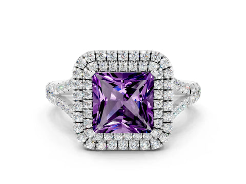 White gold Double Halo Princess Cut Amethyst Split Shank Engagement Ring with Four-Prong Setting