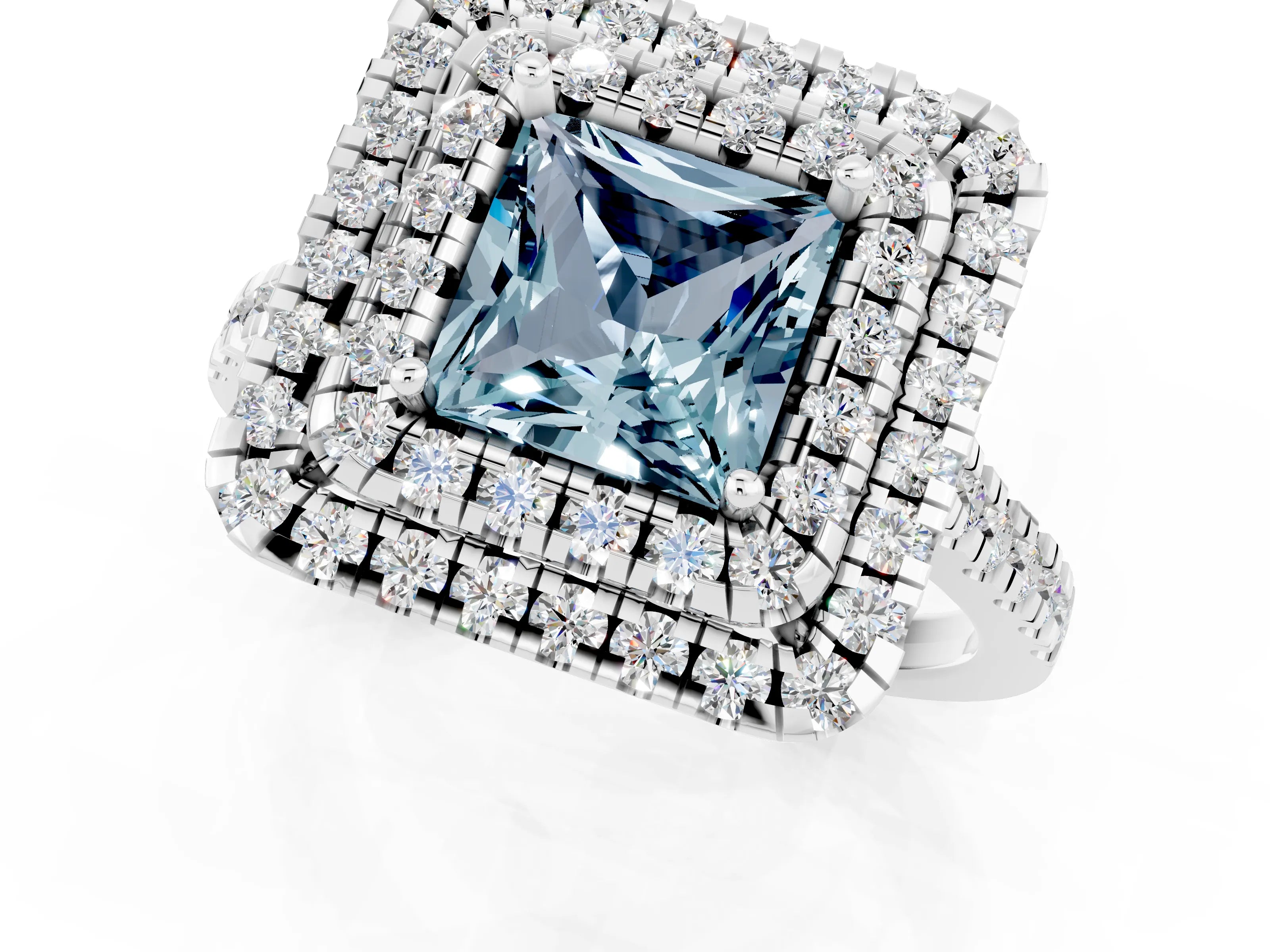 White gold Double Halo Princess Cut Aquamarine Pavé Band with Four-Prong Setting_1