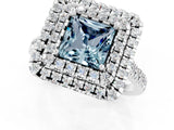 White gold Double Halo Princess Cut Aquamarine Pavé Band with Four-Prong Setting_1