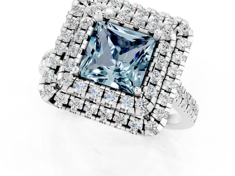 White gold Double Halo Princess Cut Aquamarine Pavé Band with Four-Prong Setting_1
