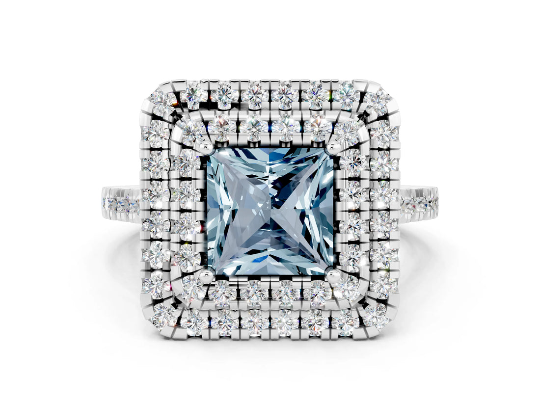 White gold Double Halo Princess Cut Aquamarine Pavé Band with Four-Prong Setting