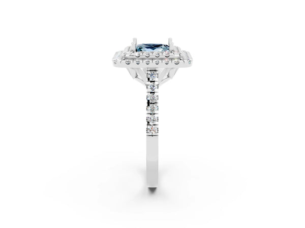 Silver Double Halo Princess Cut Aquamarine Pavé Band with Four-Prong Setting