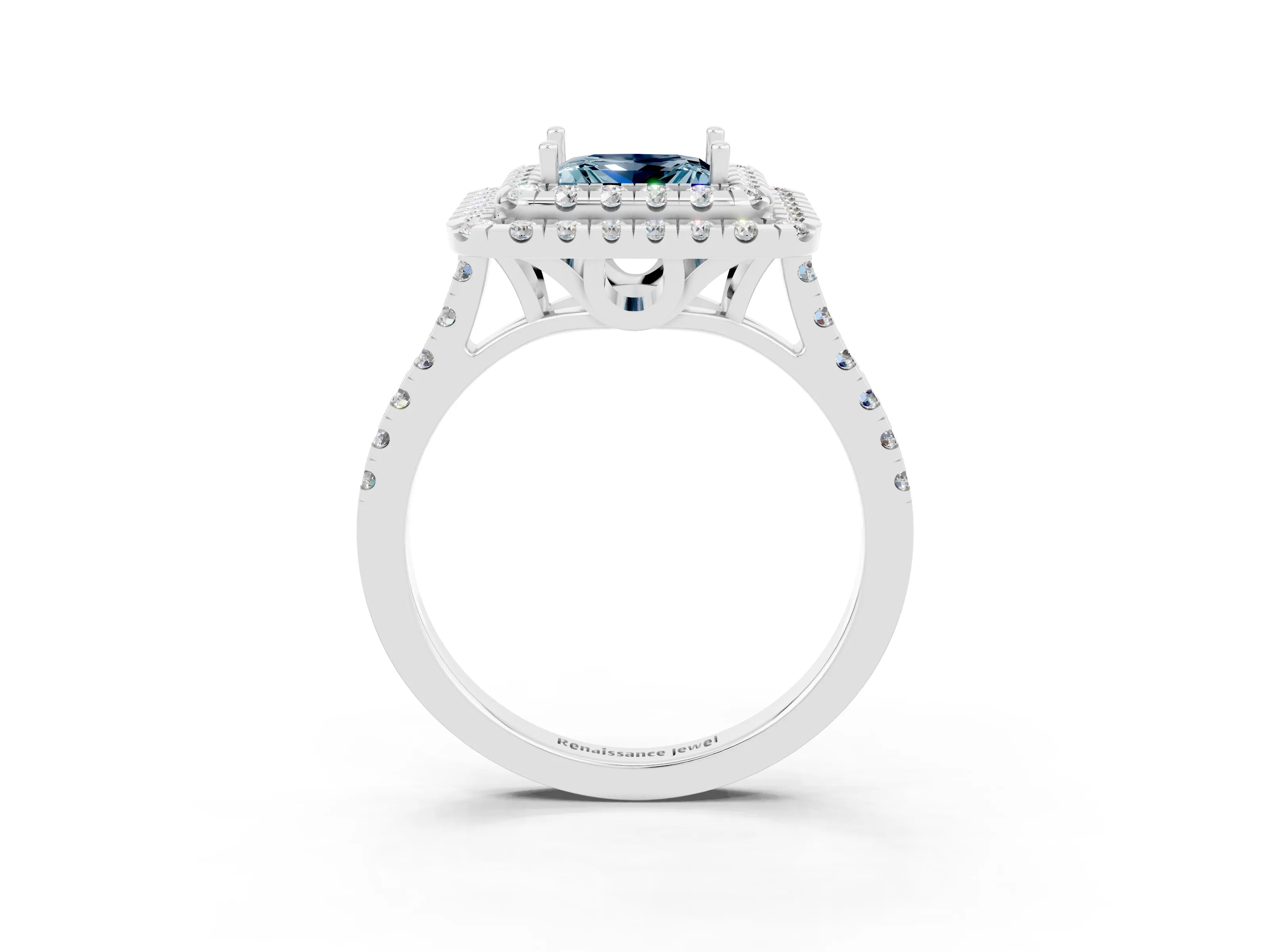 White gold Double Halo Princess Cut Aquamarine Pavé Band with Four-Prong Setting_3