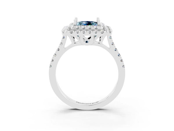 White gold Double Halo Princess Cut Aquamarine Pavé Band with Four-Prong Setting
