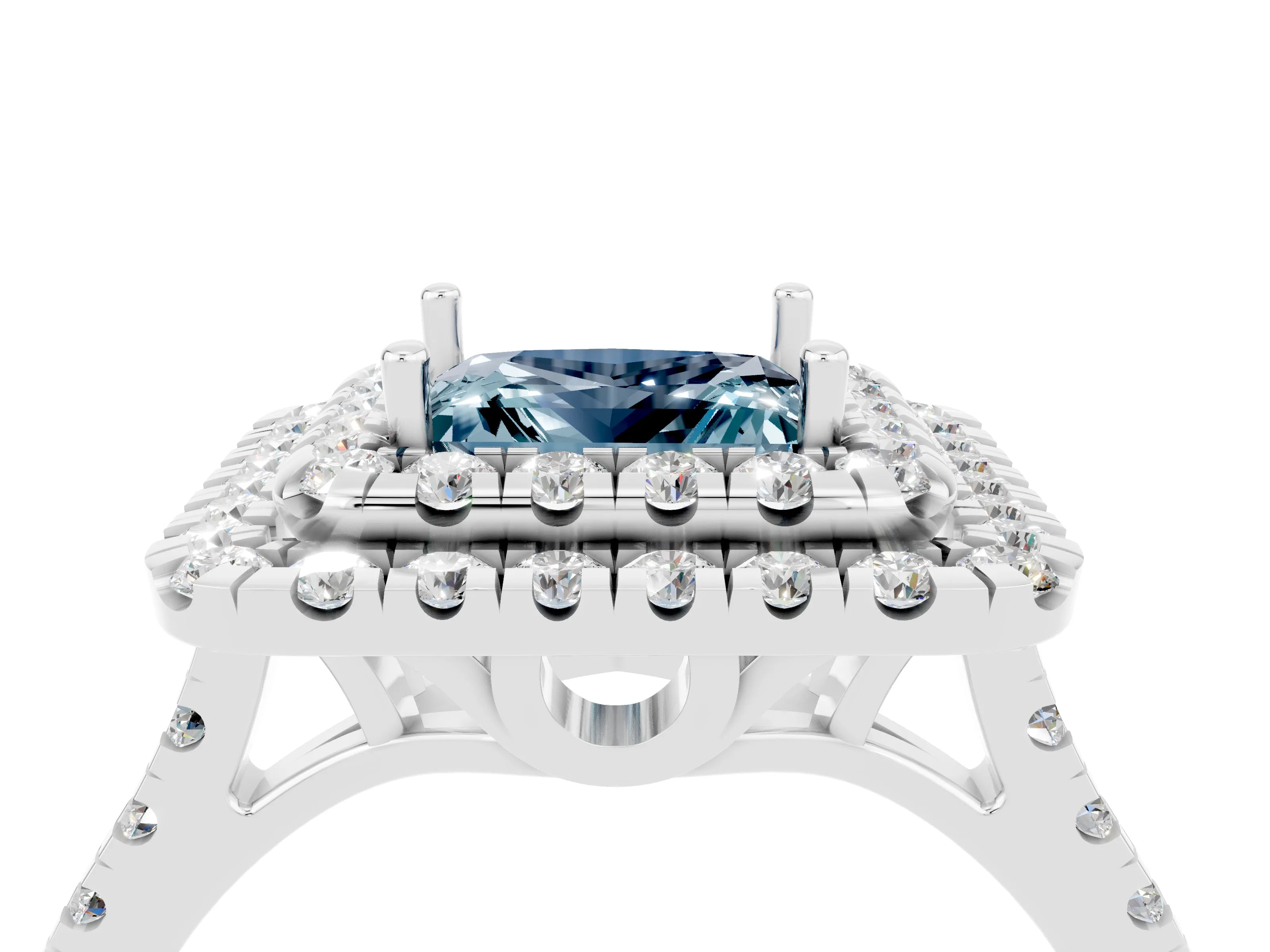 White gold Double Halo Princess Cut Aquamarine Pavé Band with Four-Prong Setting_4