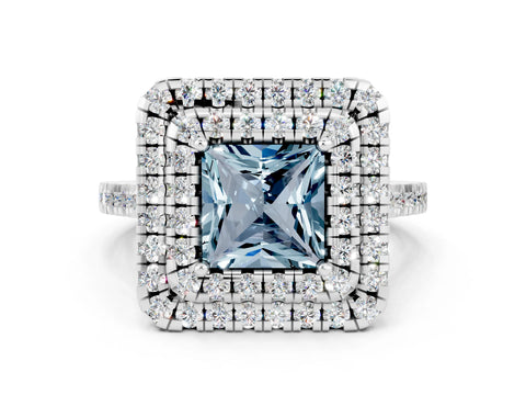 White gold Double Halo Princess Cut Aquamarine Pavé Band with Four-Prong Setting
