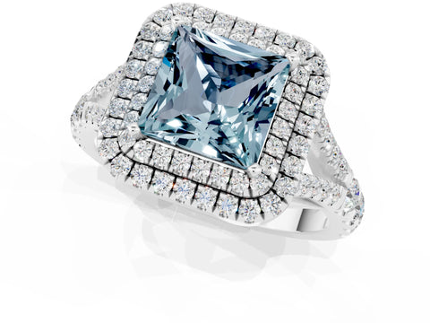 White gold Double Halo Princess Cut Aquamarine Pavé Split Shank Ring with Prong Setting_1