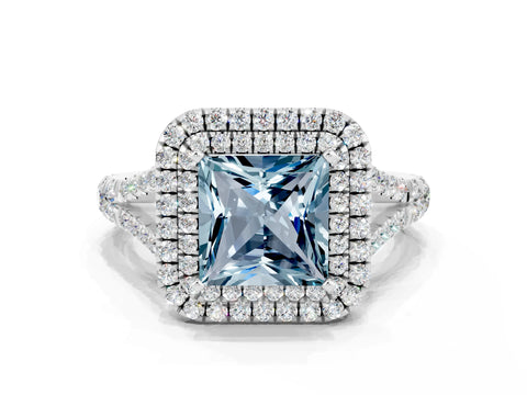 White gold Double Halo Princess Cut Aquamarine Pavé Split Shank Ring with Prong Setting
