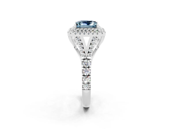 Platinum Double Halo Princess Cut Aquamarine Pavé Split Shank Ring with Prong Setting