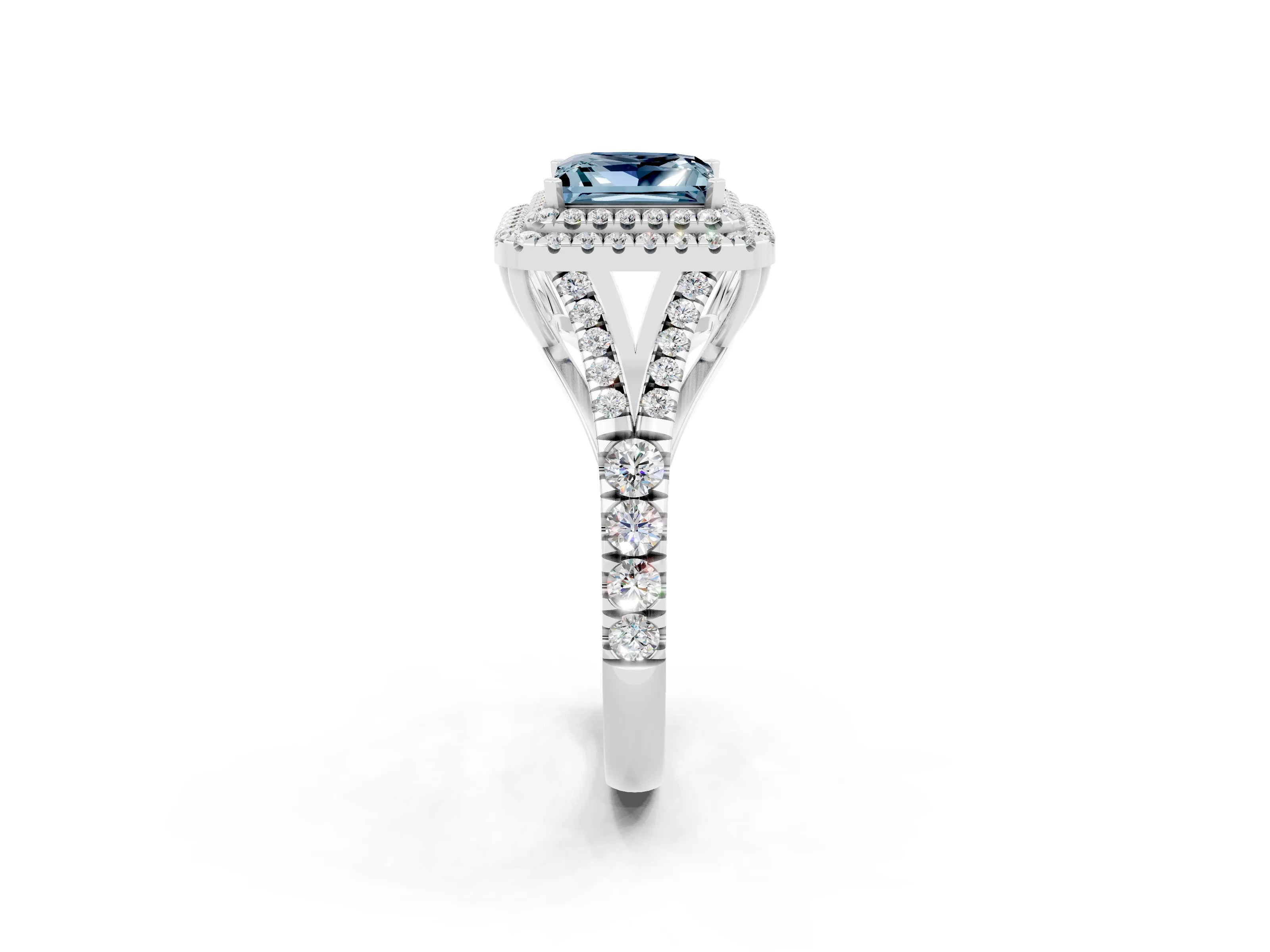 White gold Double Halo Princess Cut Aquamarine Pavé Split Shank Ring with Prong Setting_2