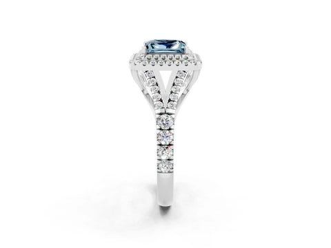 White gold Double Halo Princess Cut Aquamarine Pavé Split Shank Ring with Prong Setting_2