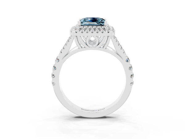 Platinum Double Halo Princess Cut Aquamarine Pavé Split Shank Ring with Prong Setting