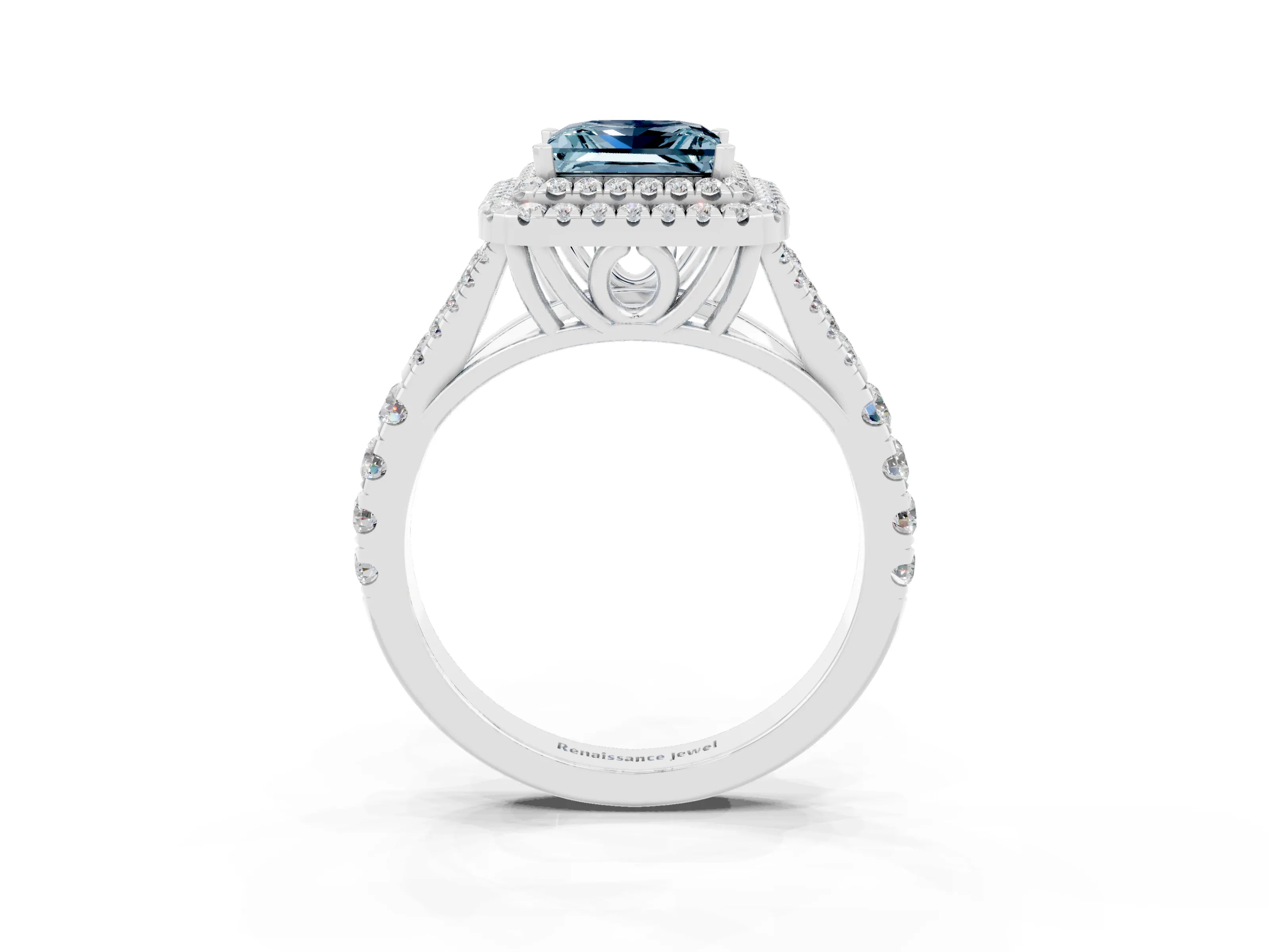 White gold Double Halo Princess Cut Aquamarine Pavé Split Shank Ring with Prong Setting_3