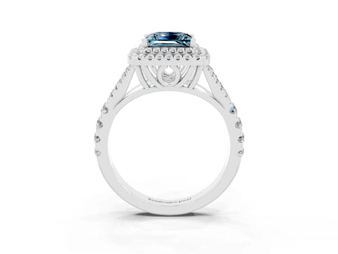 White gold Double Halo Princess Cut Aquamarine Pavé Split Shank Ring with Prong Setting_3