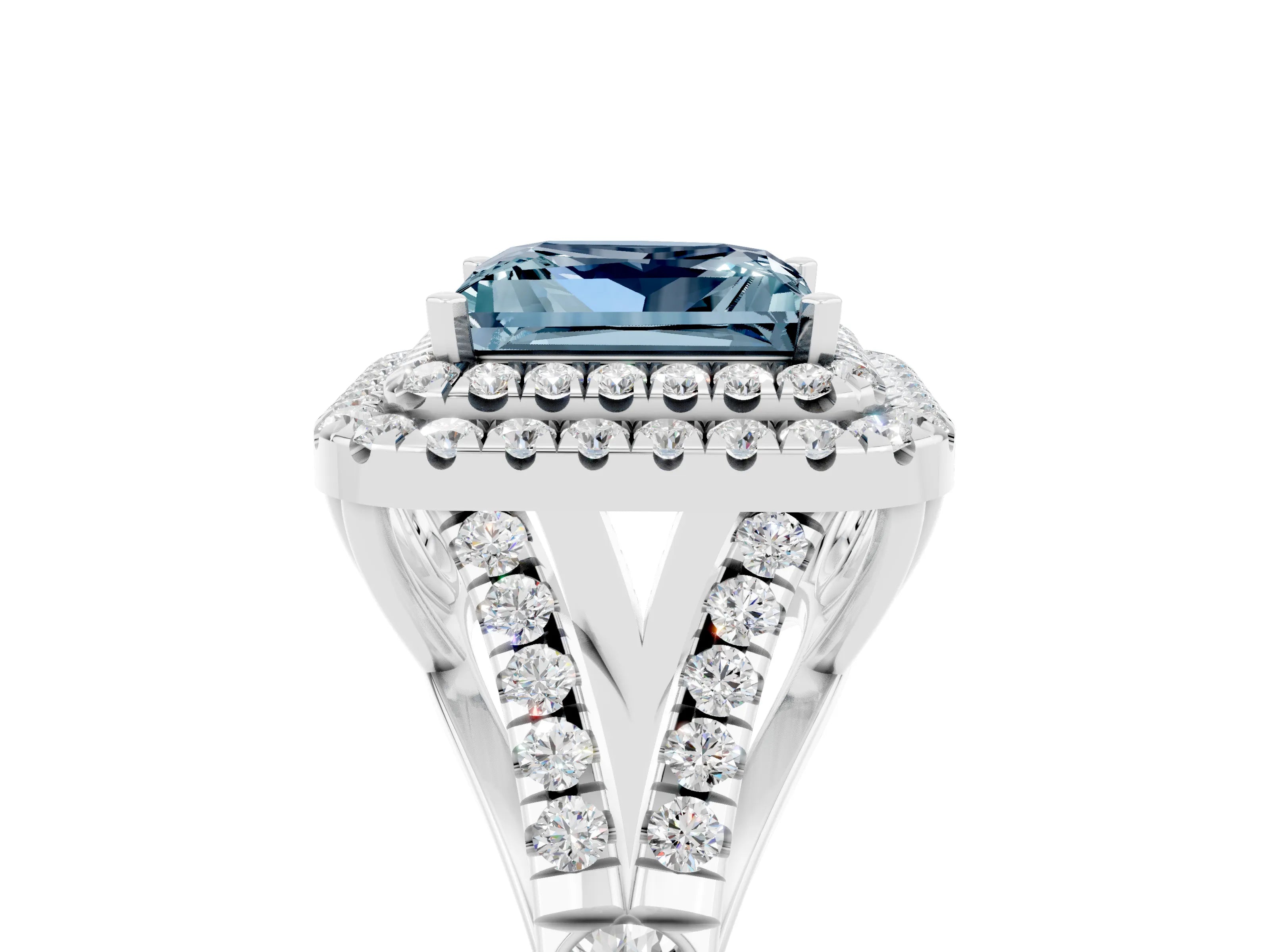 White gold Double Halo Princess Cut Aquamarine Pavé Split Shank Ring with Prong Setting_5