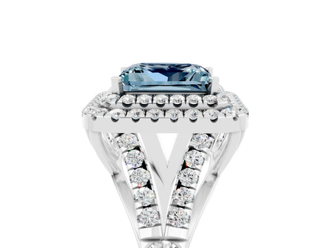 White gold Double Halo Princess Cut Aquamarine Pavé Split Shank Ring with Prong Setting_5