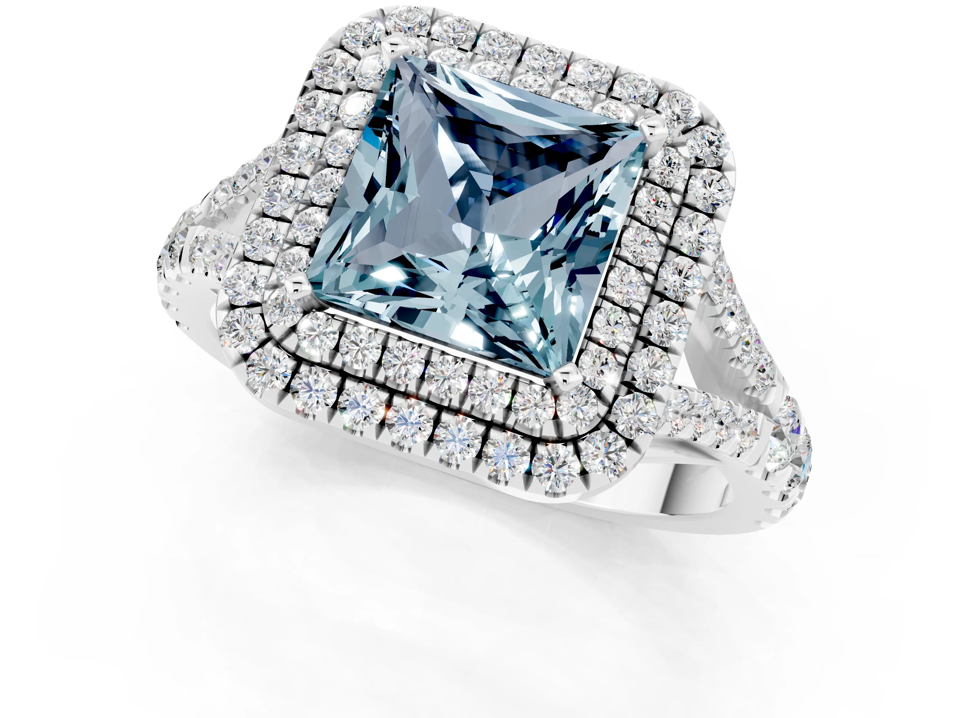 White gold Double Halo Princess Cut Aquamarine Split Shank Engagement Ring with Four-Prong Setting_1
