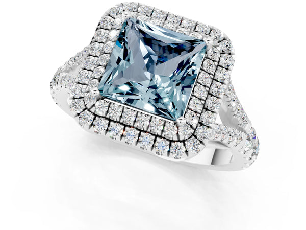 Platinum Double Halo Princess Cut Aquamarine Split Shank Engagement Ring with Four-Prong Setting