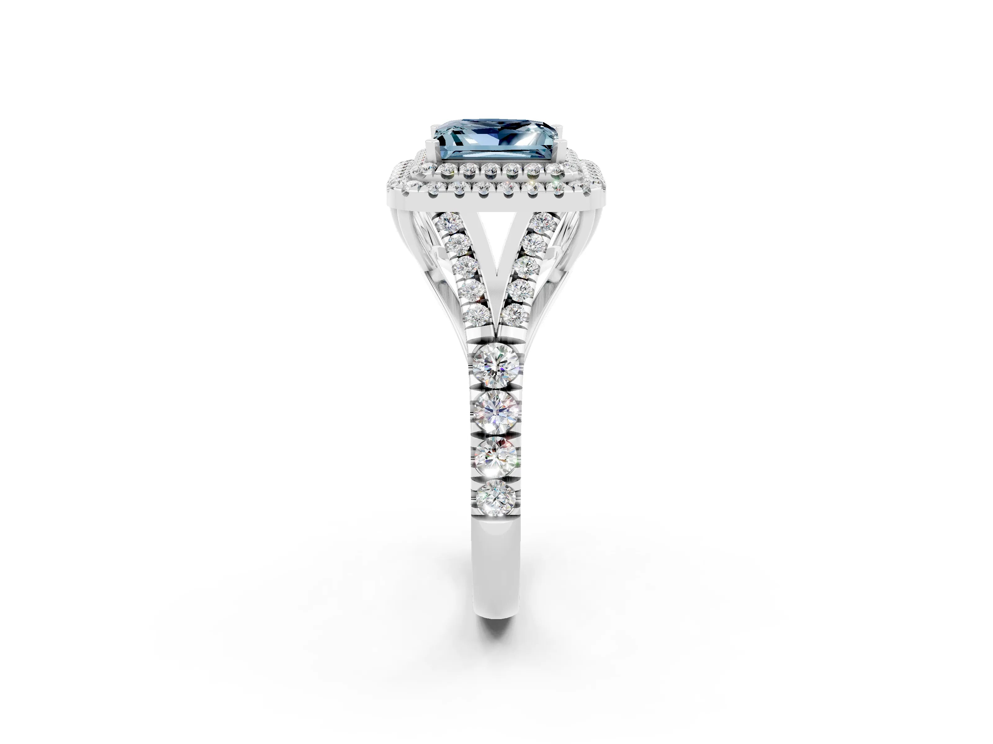 White gold Double Halo Princess Cut Aquamarine Split Shank Engagement Ring with Four-Prong Setting_2
